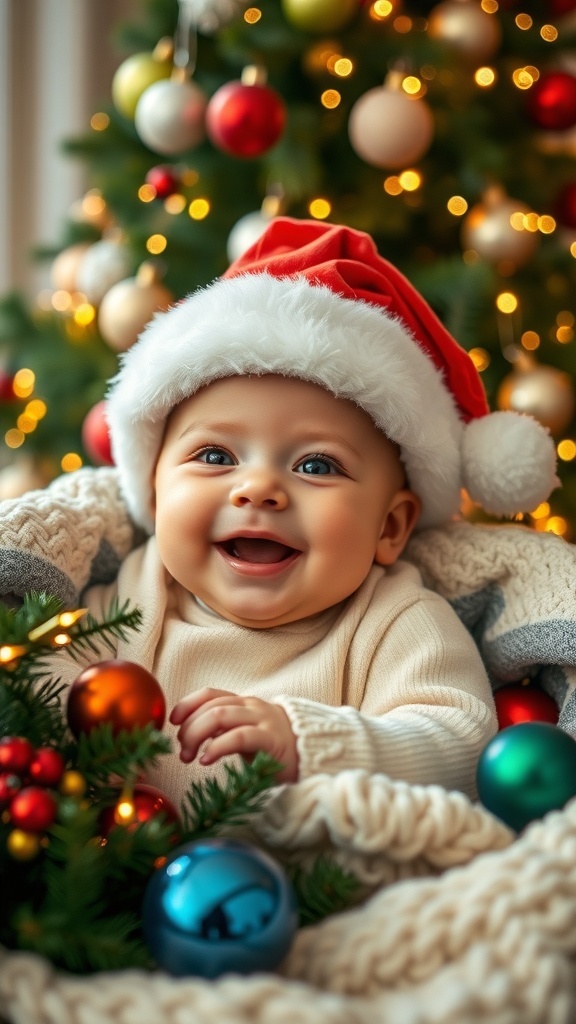 A baby in a Santa hat surrounded by Christmas ornaments and a decorated tree.